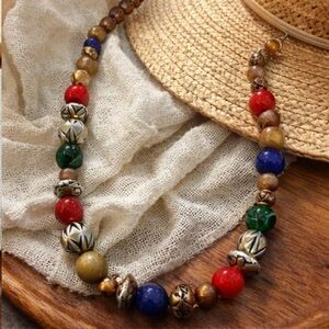 Vintage Artisan Mixed Bead Necklace Red Blue Brass Boho 80s 90s